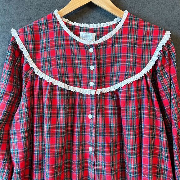 Lanz of Salzburg Red Tartan Plaid Flannel Nightgown Eyelet Trim-Women's Size L - Picture 1 of 8